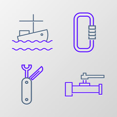 Set line Industry metallic pipes and valve, Swiss army knife, Carabiner and Fishing boat on water icon. Vector