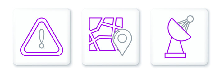 Set line Radar, Exclamation mark in triangle and Folded map with location marker icon. Vector