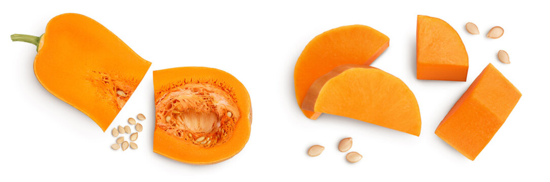 butternut squash piece isolated on white background. Top view. Flat lay