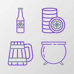 Set line Witch cauldron, Wooden beer mug, Gold coin with four leaf clover and Beer bottle icon. Vector