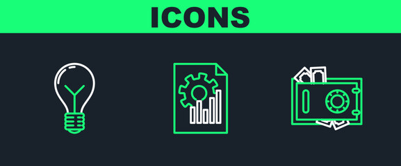 Set line Safe and money, Light bulb with concept of idea and Document graph chart icon. Vector