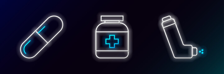 Set line Inhaler, Medicine pill or tablet and bottle icon. Glowing neon. Vector