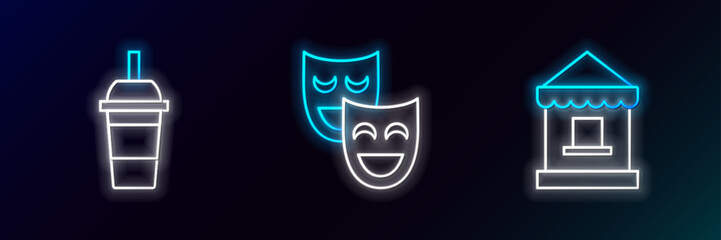 Set line Ticket box office, Paper glass with drinking straw and water and Comedy theatrical masks icon. Glowing neon. Vector