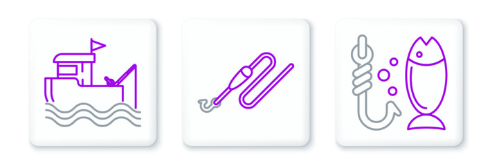 Set line Fishing, boat with fishing rod on water and line hook and float icon. Vector