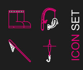 Set line Fishing hook and float, net, rod fish and boots icon. Vector