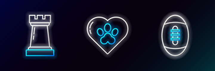 Set line American Football ball, Chess symbol and Heart with animals footprint icon. Glowing neon. Vector