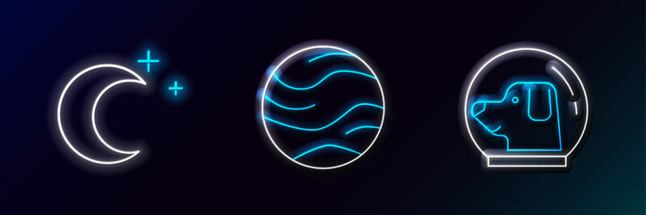 Set line Dog in astronaut helmet, Moon and stars and Planet icon. Glowing neon. Vector