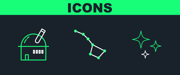 Set line Falling star, Astronomical observatory and Great Bear constellation icon. Vector