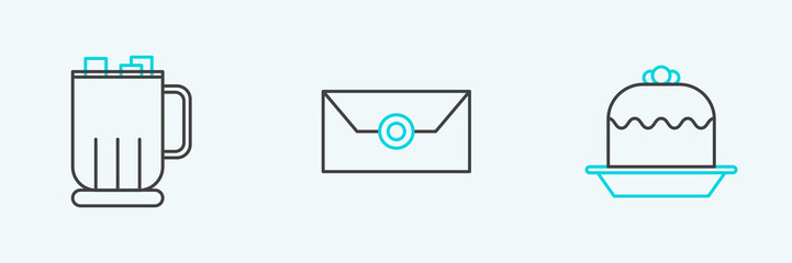 Set line Cake, Hot chocolate cup with marshmallows and Envelope christmas party invitation card icon. Vector