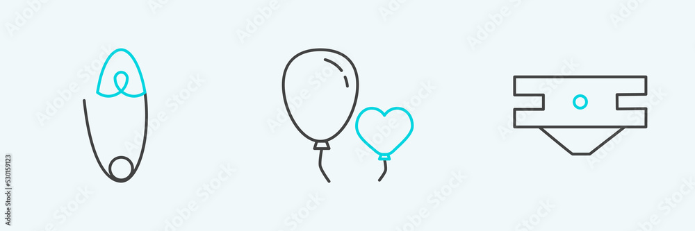 Poster set line baby absorbent diaper, classic steel safety pin and balloons form of heart icon. vector