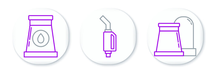 Set line Oil and gas industrial factory building, and Gasoline pump nozzle icon. Vector