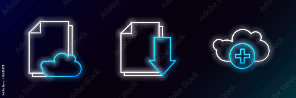 Poster set line add cloud, cloud storage text document and document with download icon. glowing neon. vecto