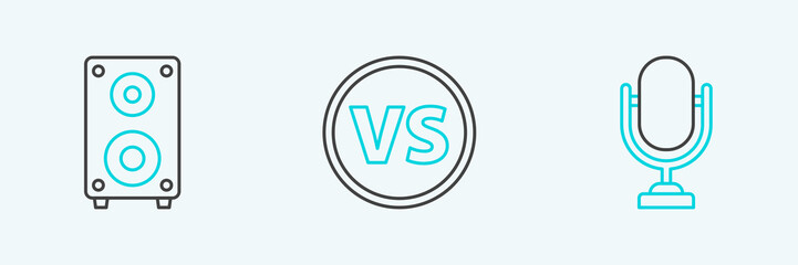 Set line Microphone, Stereo speaker and VS Versus battle icon. Vector