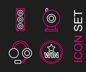 Set line Medal, Headphones, Web camera and Stereo speaker icon. Vector