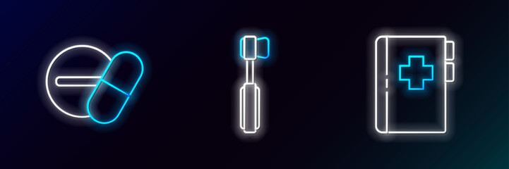 Obraz premium Set line Clipboard with dental card, Medicine pill or tablet and Toothbrush icon. Glowing neon. Vector