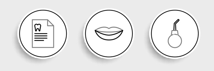 Set line Enema pear, Clipboard with dental card and Smiling lips icon. Vector