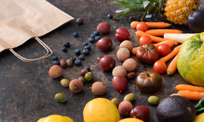 fresh fruits and vegetables on the stone table. zero waste concept