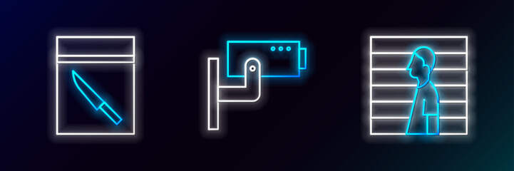 Set line Suspect criminal, Evidence bag and knife and Security camera icon. Glowing neon. Vector
