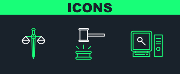 Set line Search on computer screen, Scales of justice and Judge gavel icon. Vector