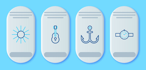 Set line Guitar, Anchor, Sun and Wrist watch icon. Vector