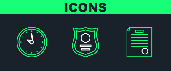 Set line The arrest warrant, Clock and Police badge icon. Vector