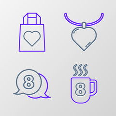 Set line Coffee cup with 8 March, in speech bubble, Necklace heart shaped pendant and Shopping bag icon. Vector