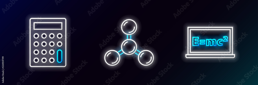 Sticker Set line Equation solution, Calculator and Molecule icon. Glowing neon. Vector