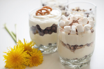 Delicious sweet dessert with cream in a glass on a light background, a beautiful breakfast