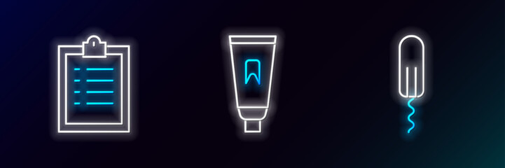Set line Sanitary tampon, Clipboard with checklist and Tube of toothpaste icon. Glowing neon. Vector