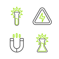 Set line Test tube and flask, Magnet, High voltage and icon. Vector
