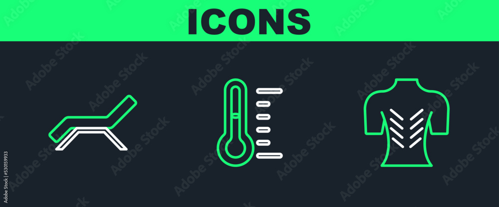 Wall mural Set line Massage, Sunbed and umbrella and Sauna thermometer icon. Vector