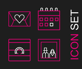 Set line Family photo, Wedding rings, Calendar and Envelope with Valentine heart icon. Vector