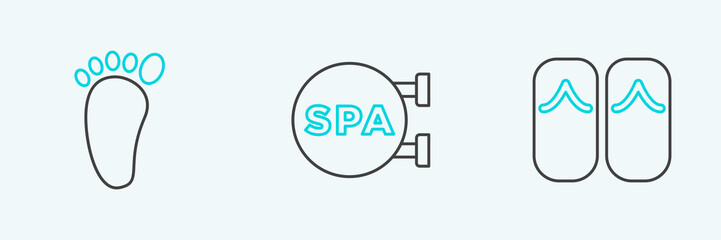 Set line Flip flops, Foot massage and Spa salon icon. Vector