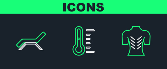 Set line Massage, Sunbed and umbrella and Sauna thermometer icon. Vector