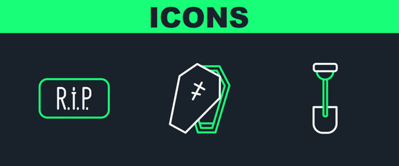 Set line Shovel, Speech bubble rip death and Coffin with cross icon. Vector