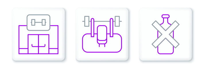 Set line No alcohol, Gym building and Bench with barbel icon. Vector