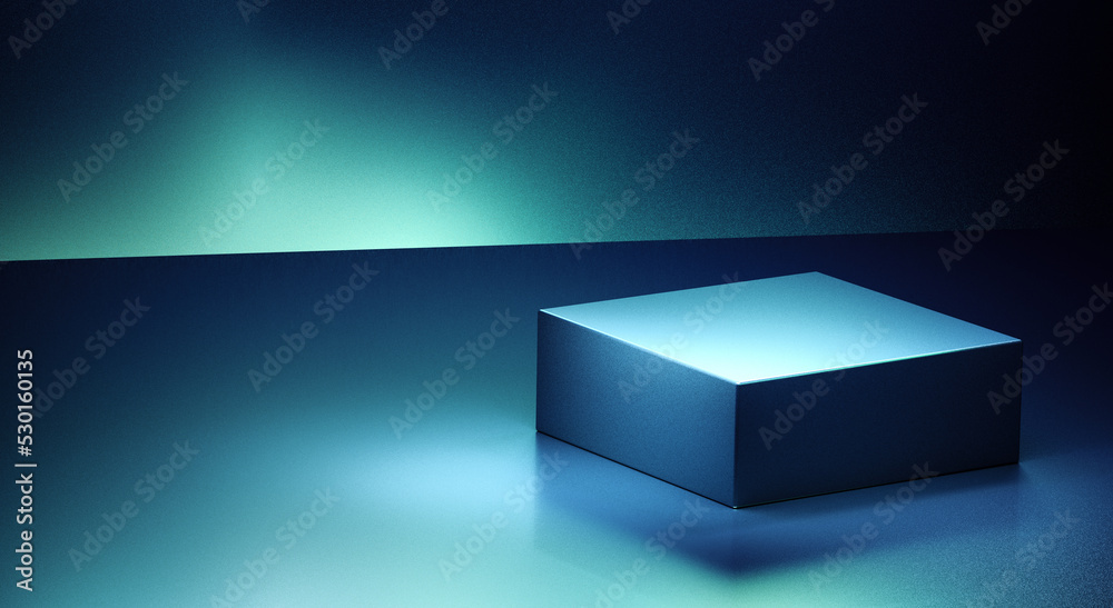 Poster empty blue square podium in aurora background theme. 3d computer graphic template of displaying plac