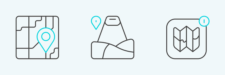 Set line Infographic of city map, City navigation and Location with mountain icon. Vector