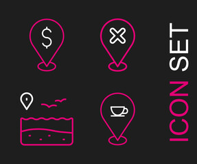 Set line Location with coffee cup, beach, cross mark and Cash location icon. Vector