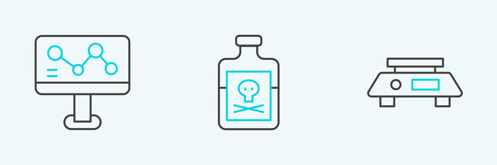 Set line Electronic scales, Chemical formula and Poison in bottle icon. Vector