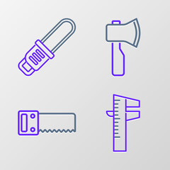 Set line Calliper or caliper and scale, Hand saw, Wooden axe and Chainsaw icon. Vector