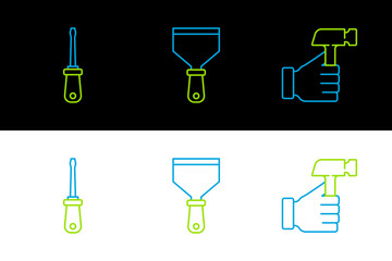 Set line Hammer, Screwdriver and Putty knife icon. Vector