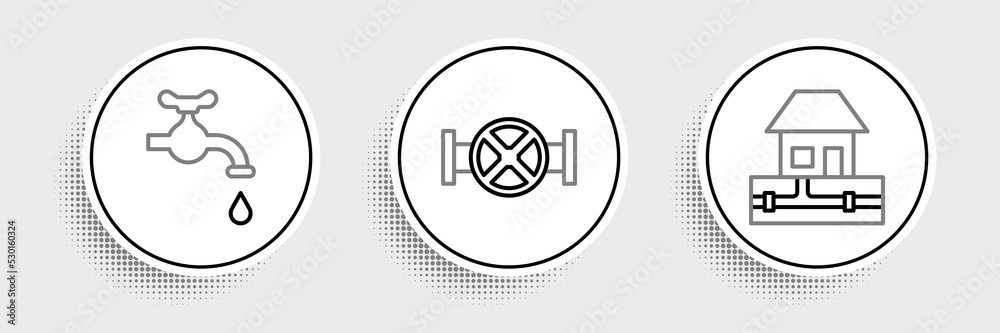 Sticker Set line Water supply pipes, tap and Industry and valve icon. Vector