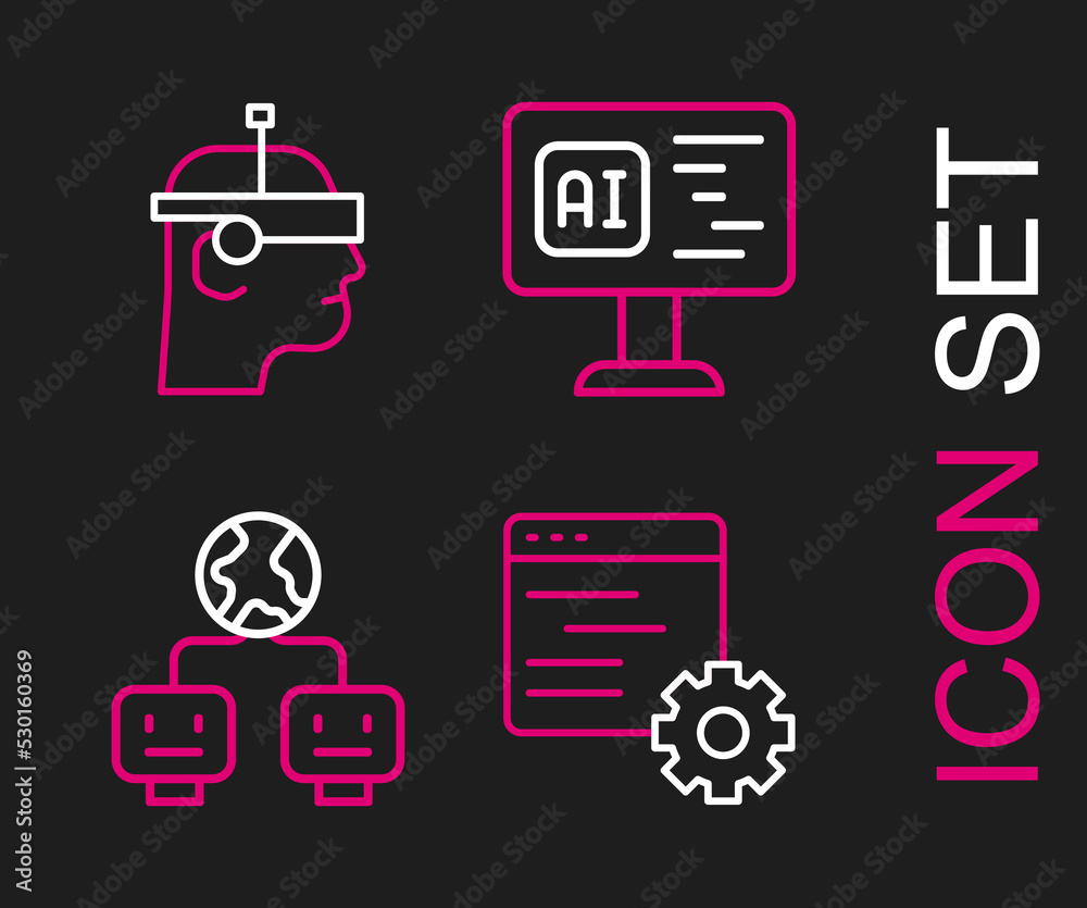 Poster set line computer api interface, artificial intelligence, software and smart glasses icon. vector
