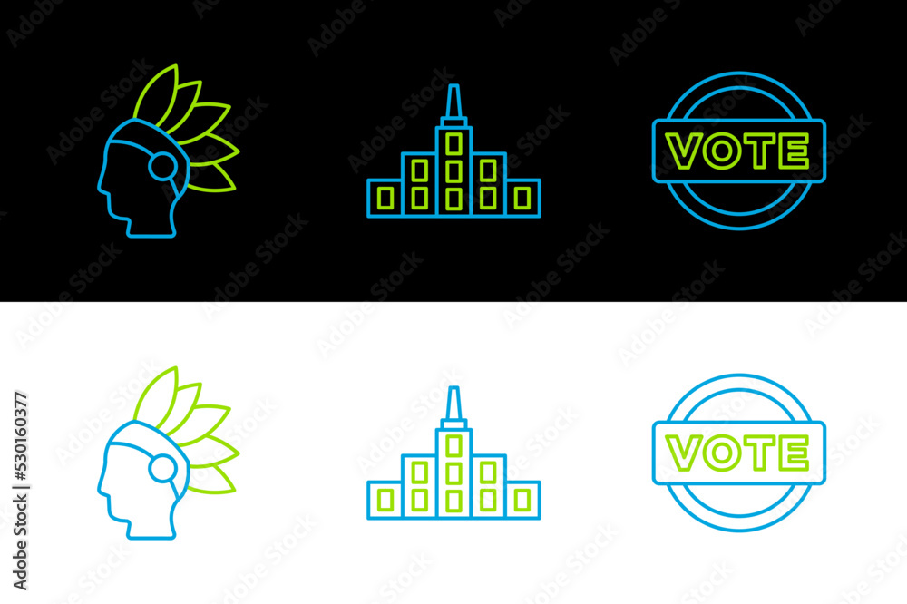 Sticker set line vote, native american indian and city landscape icon. vector