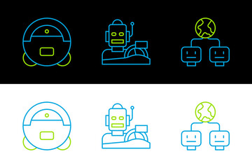 Set line Artificial intelligence, Robot vacuum cleaner and humanoid driving car icon. Vector