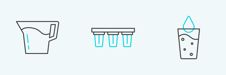 Set line Glass with water, Jug glass and Water filter icon. Vector