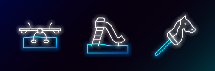 Set line Toy horse, Seesaw and Kid slide icon. Glowing neon. Vector