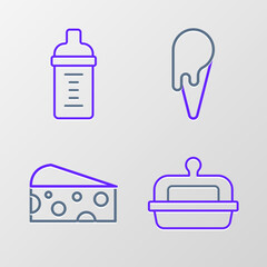 Set line Butter in a butter dish, Cheese, Ice cream waffle cone and Baby milk bottle icon. Vector
