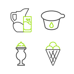 Set line Ice cream in waffle cone, Milkshake, Yogurt container and jug or pitcher and glass icon. Vector